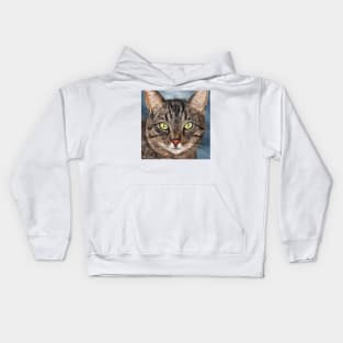 Painting of a Gray Cat Head with Big Penetrating Green Eyes Kids Hoodie